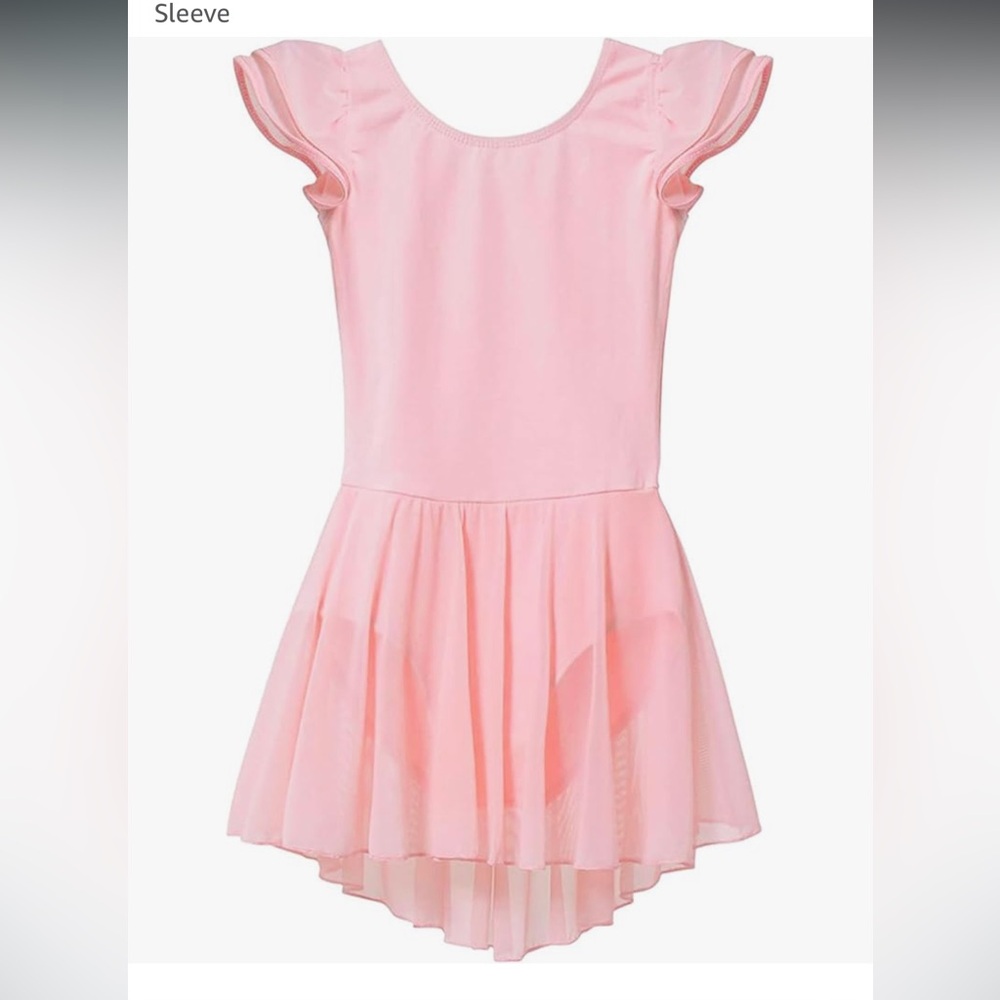 Pink Dance Costume with Flutter Sleeves and Flowing Skirt